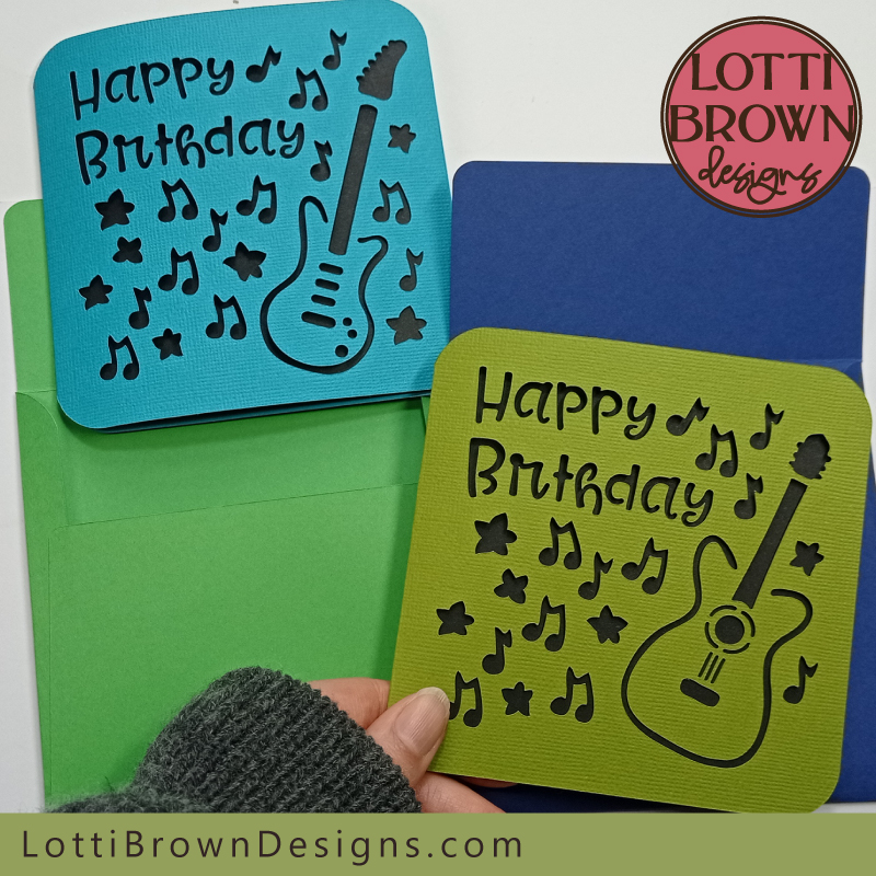 Fun and funky guitar birthday card templates to make with your Cricut or similar cutting machine or cut by hand - acoustic or electric guitar versions...