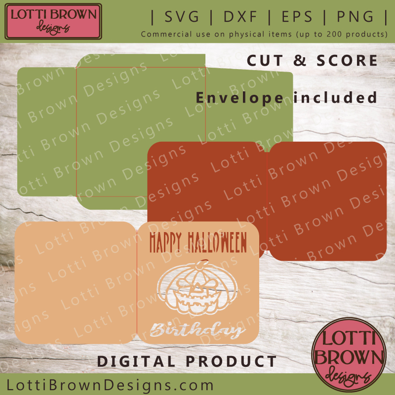 Digital download template for Halloween birthday card, including envelope