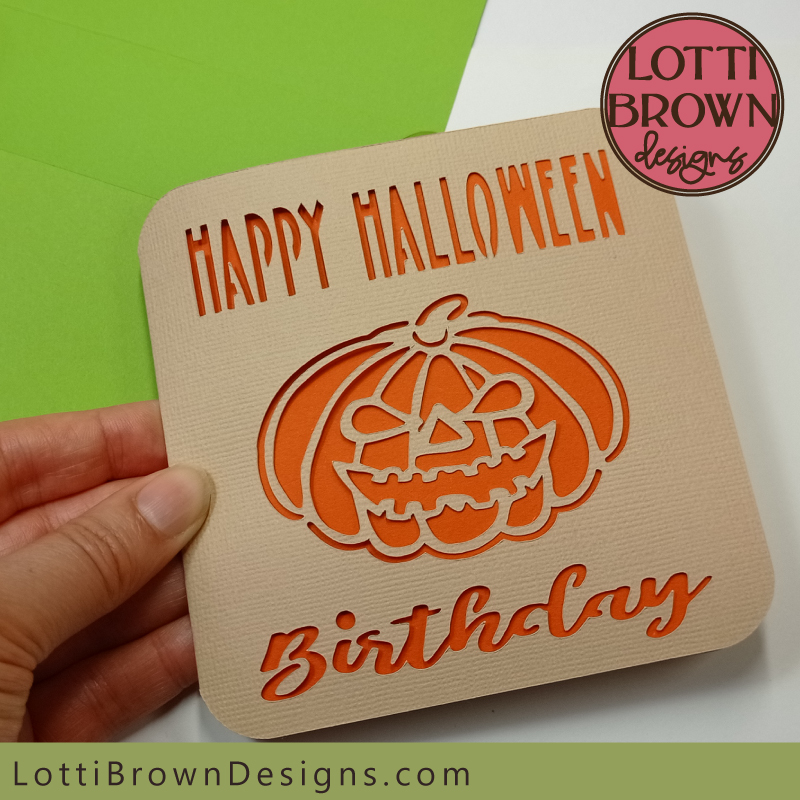 Halloween birthday card SVG template - beige, orange and green