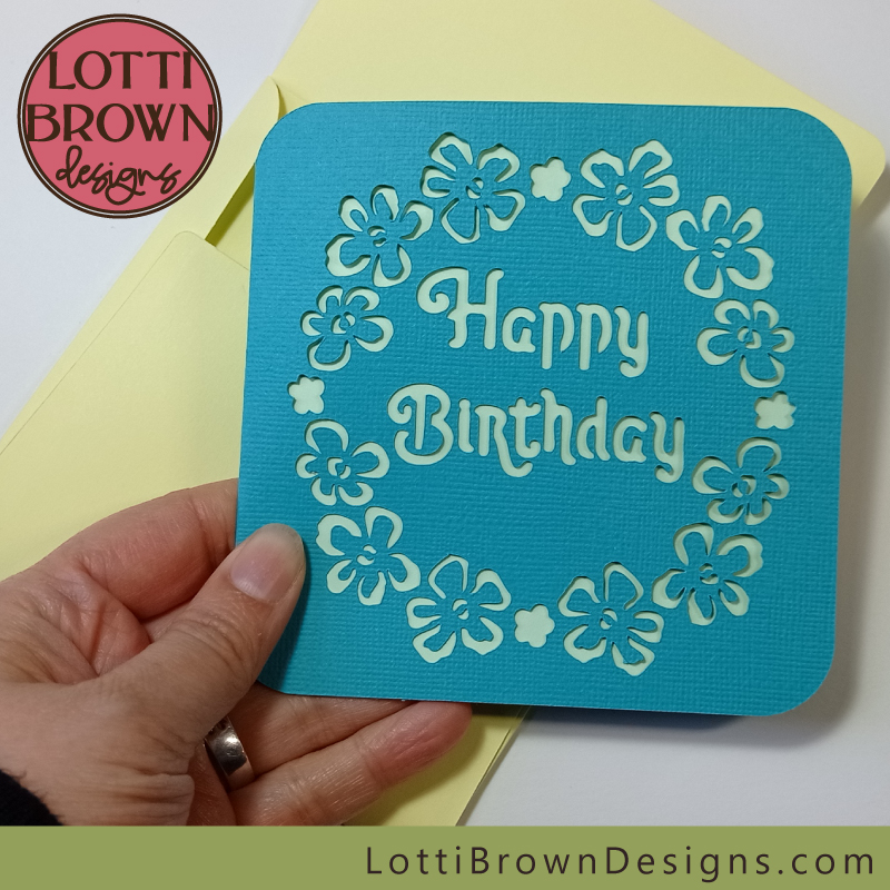 Floral birthday card design - teal, soft green and lemon
