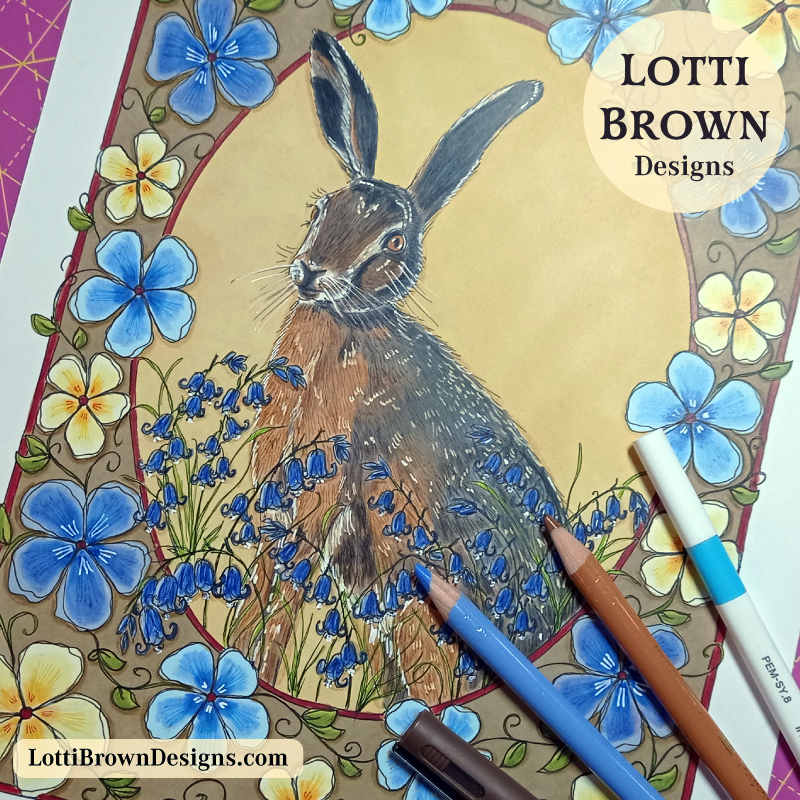 Drawing my brown hare illustration - multi-media with pens and coloured pencils