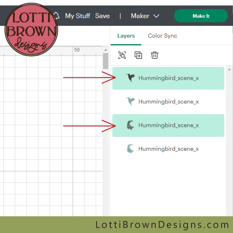 Select the hummingbird and flowers from the top layer of each