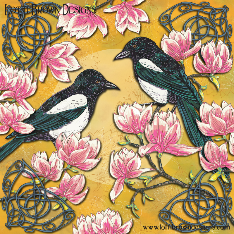 Celtic Magpies and Magnolias art by Lotti Brown