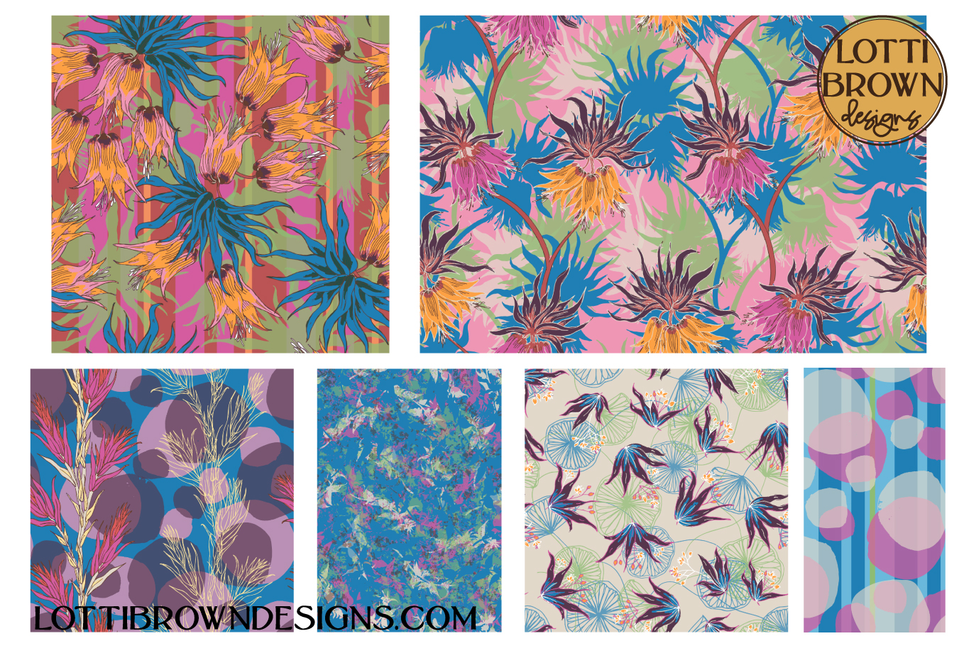 Maximalist wallpaper and fabric in purple, pink and teal