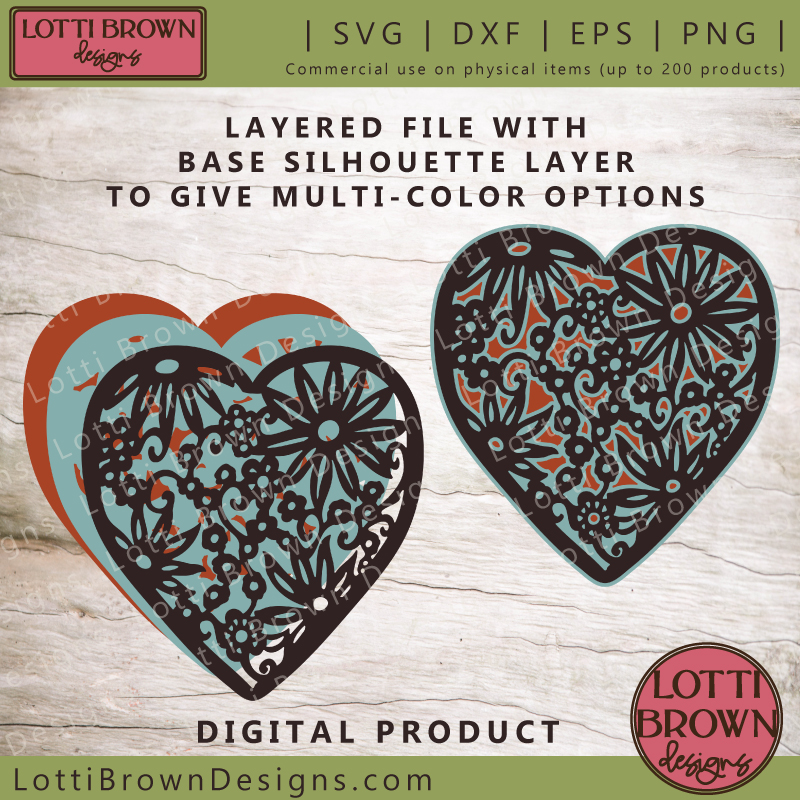 Ditsy floral heart layered SVG template