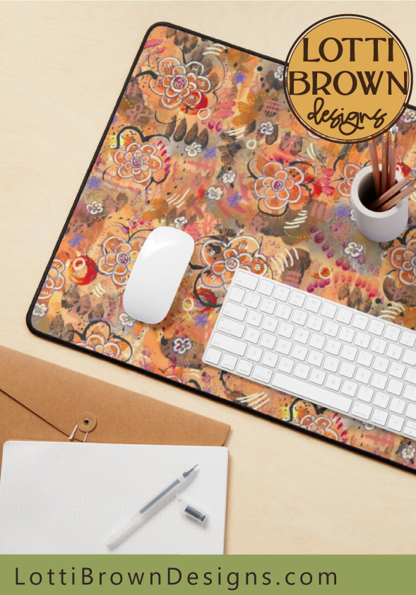 70s boho floral orage desk mat