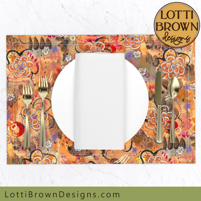 70s boho floral orange placemat