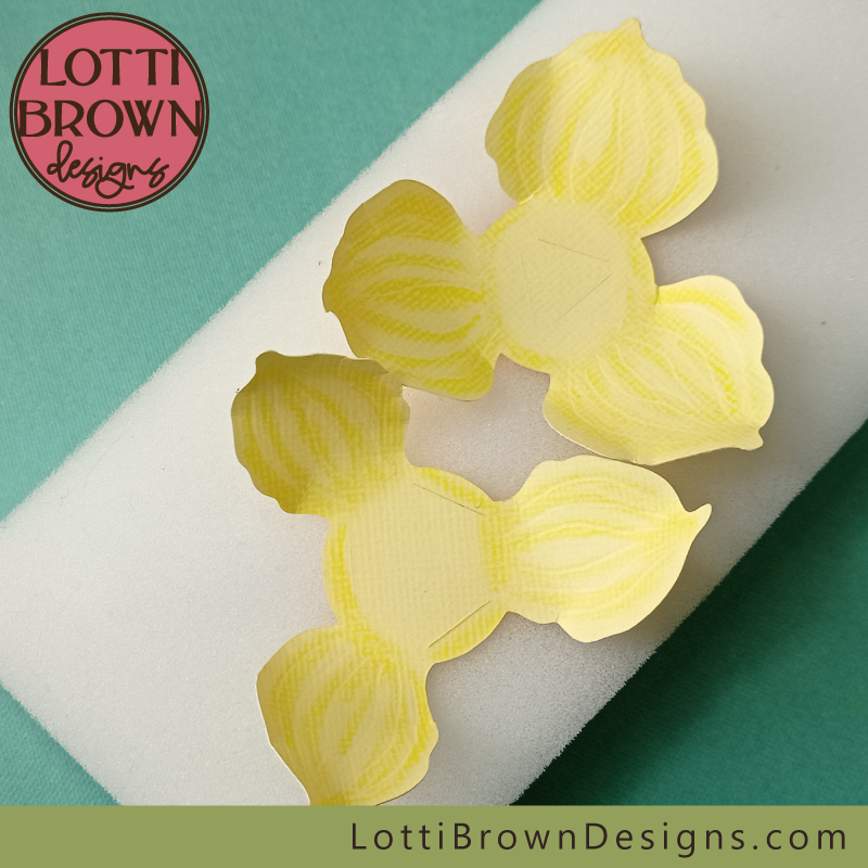 Papercraft daffodil petals shaped with a curve
