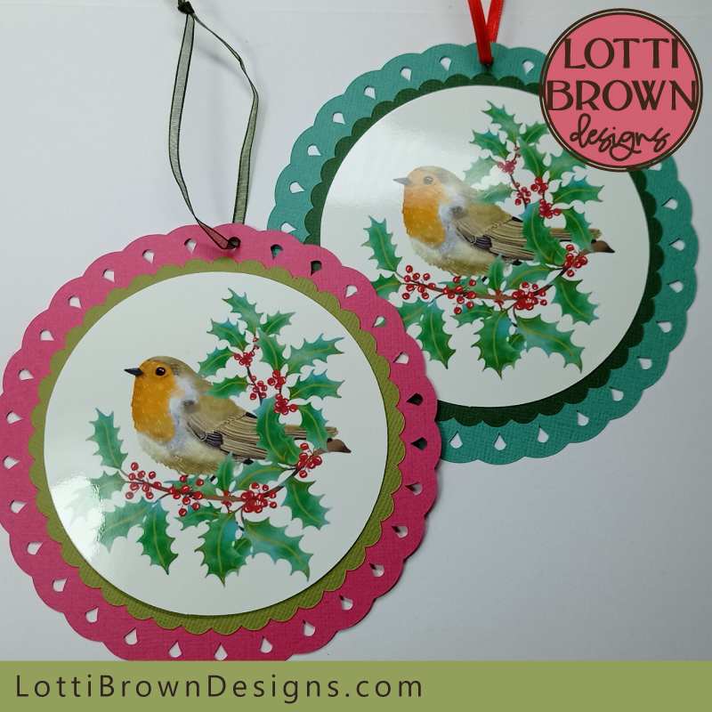 Robin and holly Christmas decoration in two different colour ideas