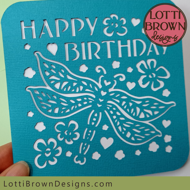 Dragonfly birthday card SVG template - close up