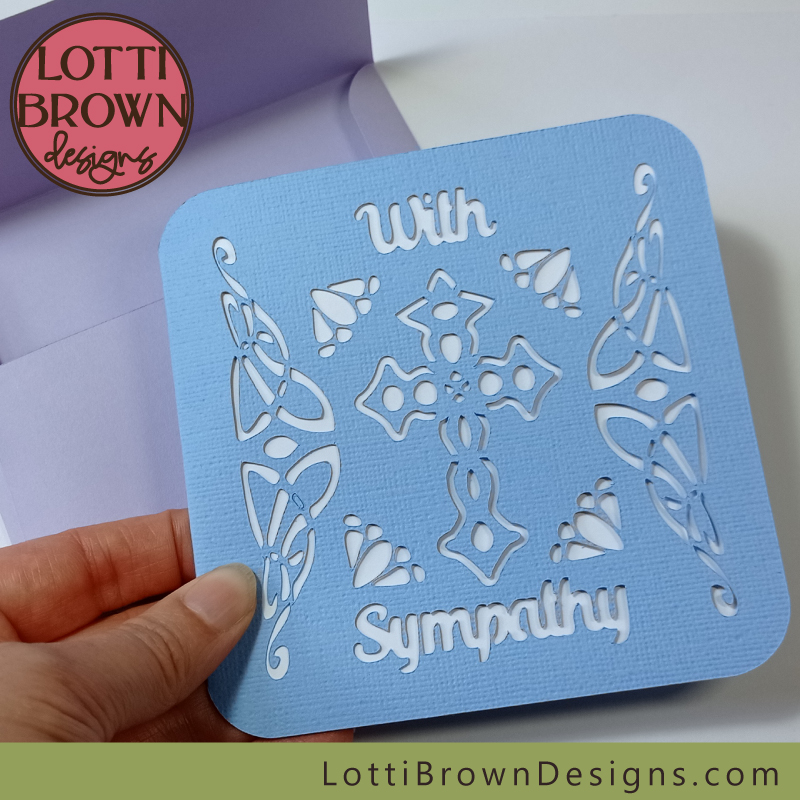 Christian cross sympathy card template - blue with lilac envelope