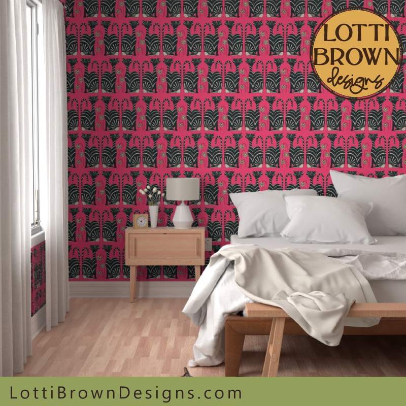 Pink and black cat peel and stick wallpaper