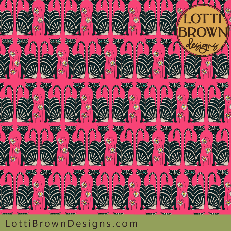 Pink and black cat printed fabric