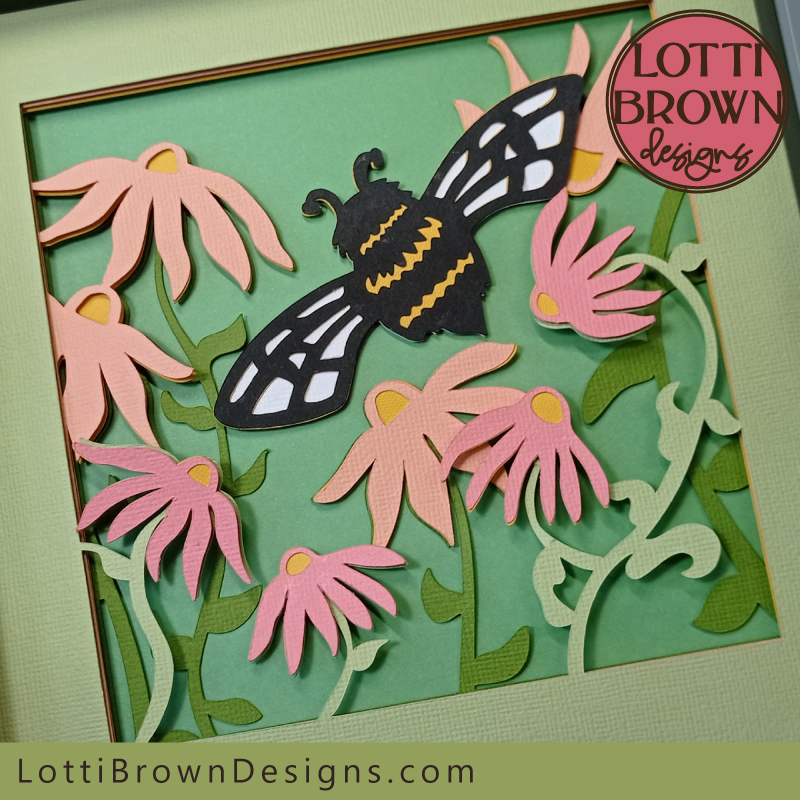 Bee shadow box paper art DIY craft project for Cricut and other cutting machines or paper cutting by hand - SVG, DXF, EPS and PNG templates