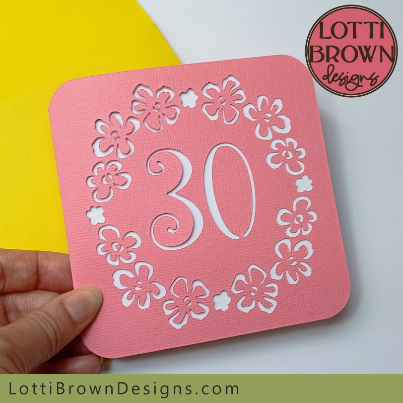 Pretty pink 30th birthday card template for Cricut