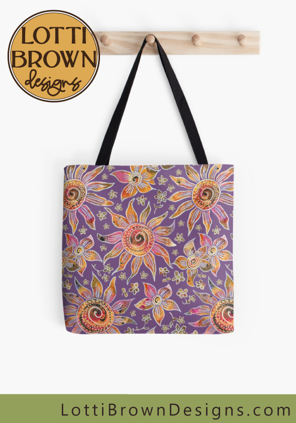 70s boho floral purple tote bag