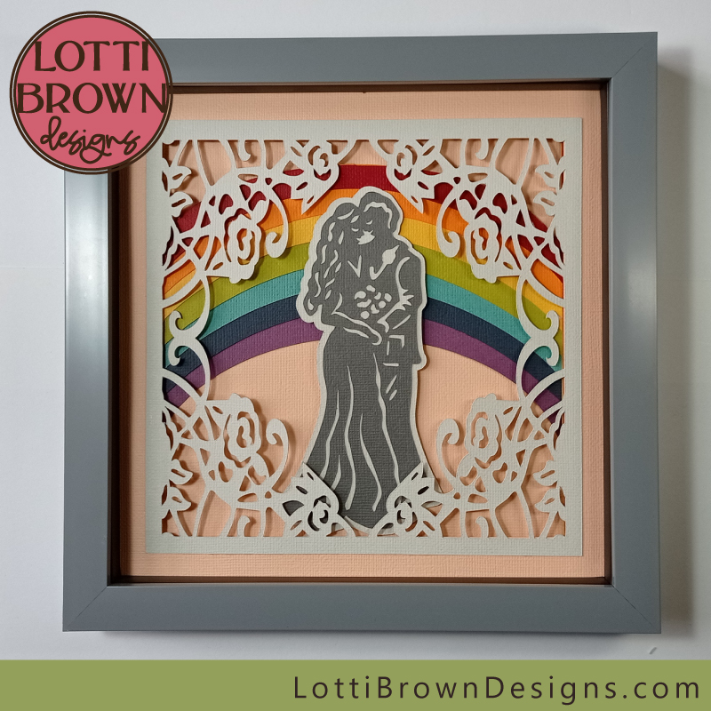 Rainbow wedding couple with peach background shadow box