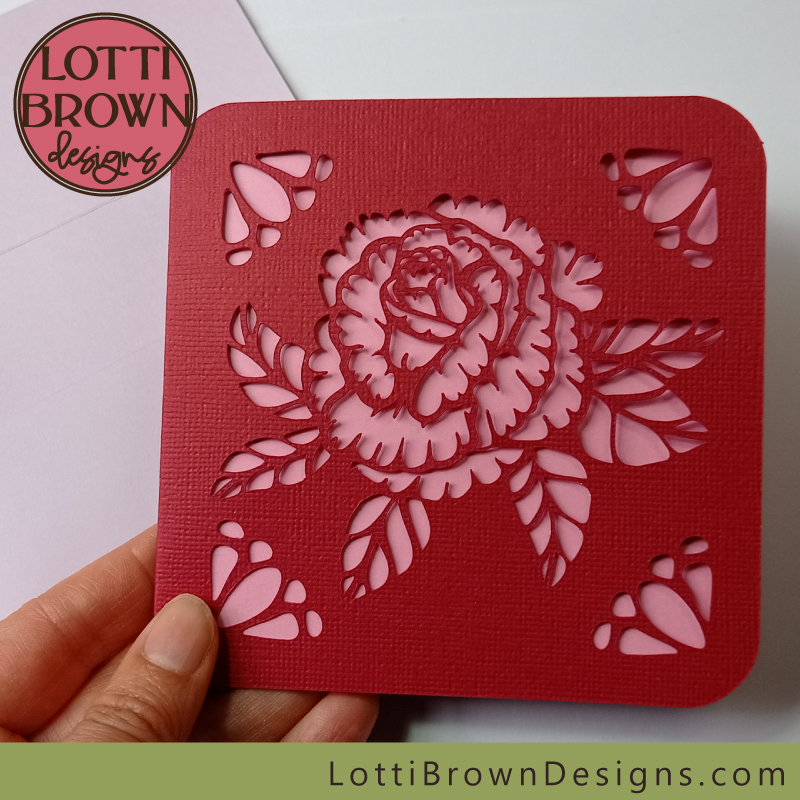 Red and pink rose card with lilac envelope