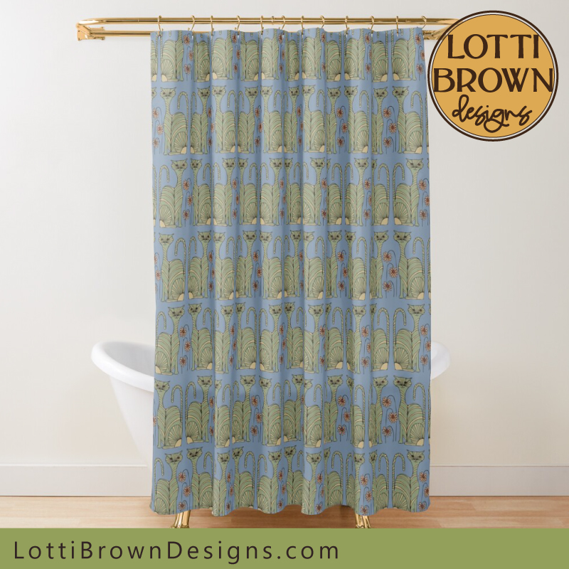 Retro cats shower curtain in blue and green