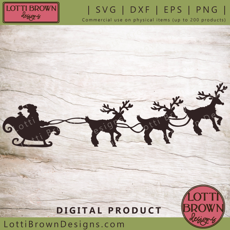 Easy Santa and sleigh SVG file for your cutting machine - Santa leads three reindeer across the skies to deliver presents for Christmas...