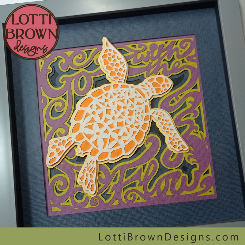 Sea turtle shadow box, orange, purple & green - close up