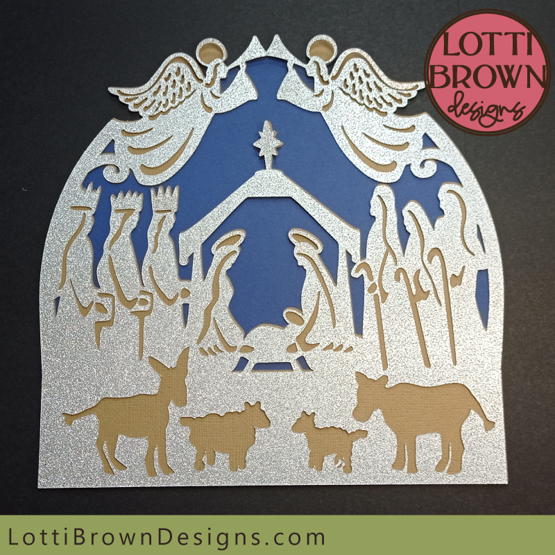 Nativity scene SVG file cut in silver glitter cardstock