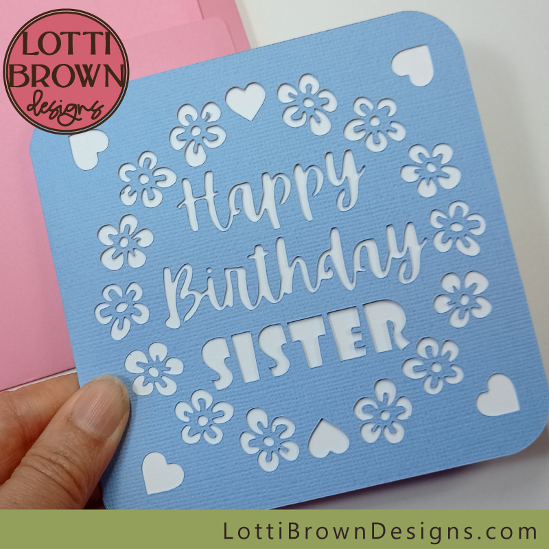 Blue sister card template for Cricut with hearts and flowers design