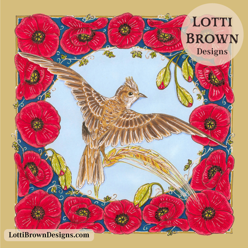 Skylark and poppies art by Lotti Brown