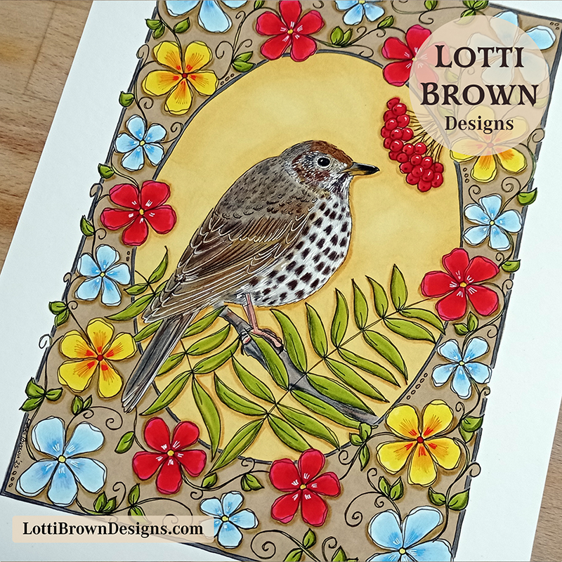 Nature-inspired art print featuring a song thrush - hand-drawn in Yorkshire