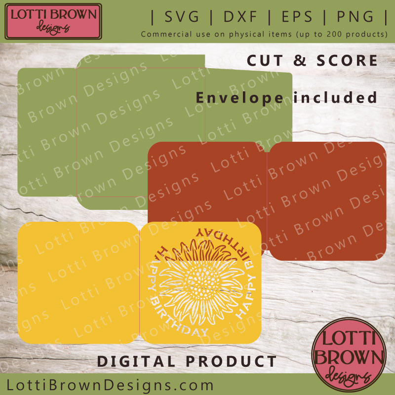 Sunflower birthday card SVG file - cut and score with envelope included