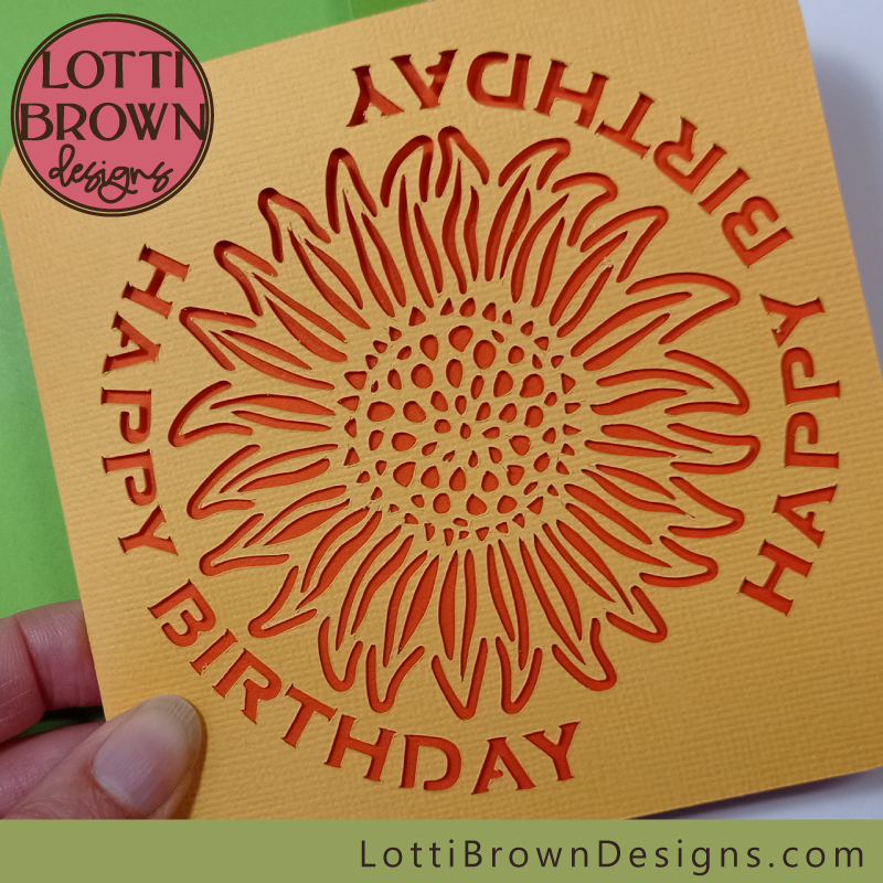 Sunflower birthday card in yellow and dark orange - close up