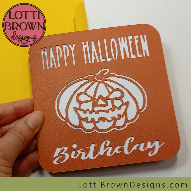 Orange Halloween birthday card with yellow envelope - template for Cricut