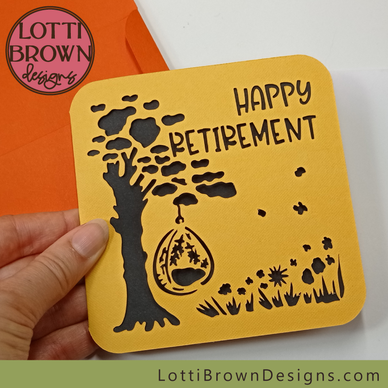 Retirement card template - yellow and black with orange envelope