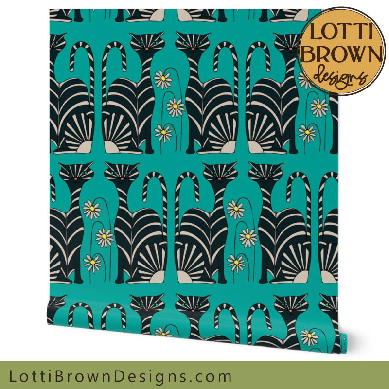 Teal and black cat peel and stick wallpaper