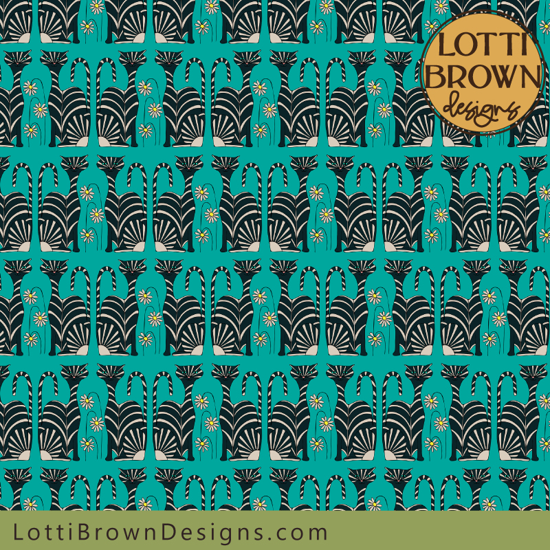 Teal and black cat printed fabric