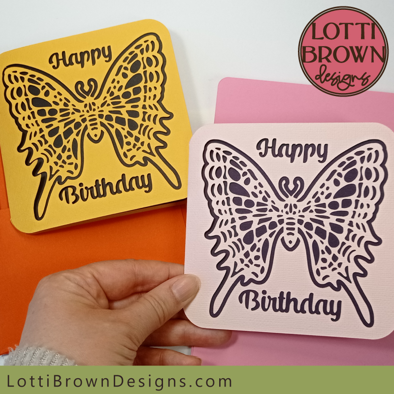 Pretty cut file template for birthday card with lacy butterfly design to create a papercut card with your cutting machine...