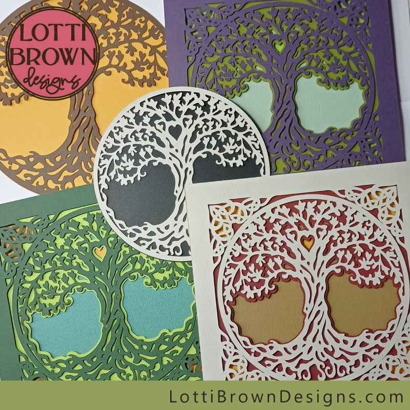 Tree of life cut file SVG designs - cut from cardstock - simple circle file and shadow box template in different colours