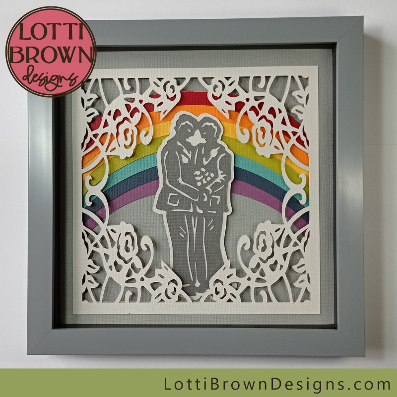 Two grooms gay wedding shadow box with rainbow in grey