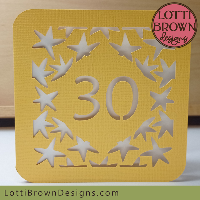 Papercut 30th birthday card template with stars design - for men and women