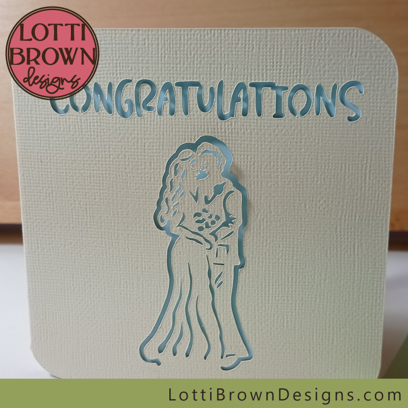 Papercut 'Congratulations' wedding card design - cream and blue