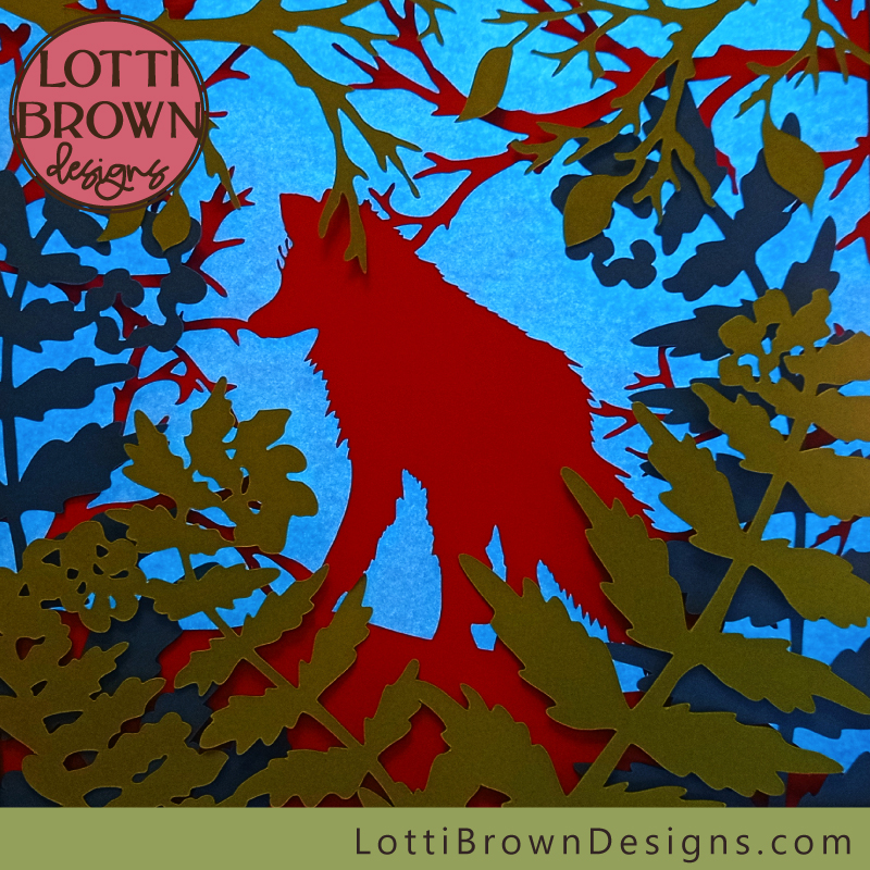 Woodland Fox shadow box as light box with coloured card