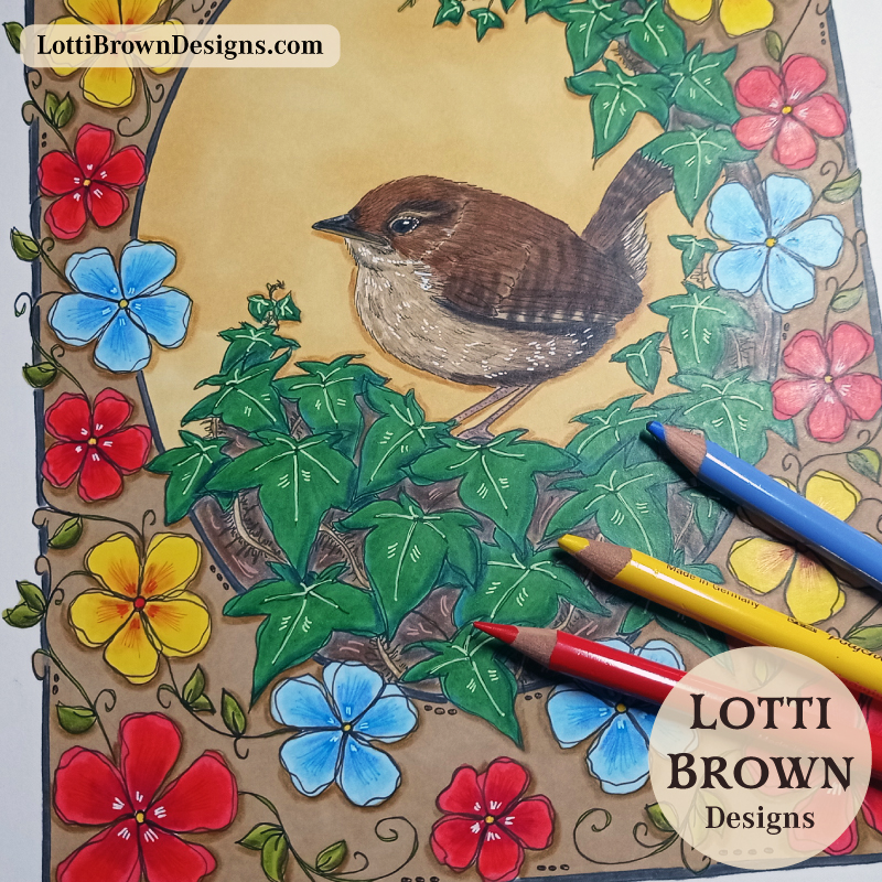 Wren drawing created by hand in pen and coloured pencils