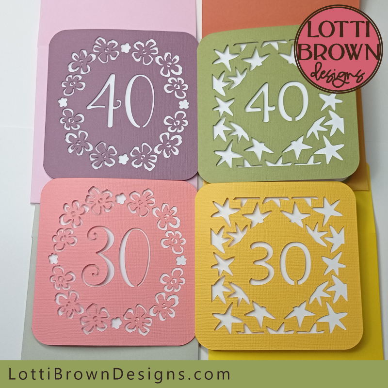 Beautiful 30th and 40th birthday card SVG templates - two designs for each age with florals and star designs suitable for both men and women...