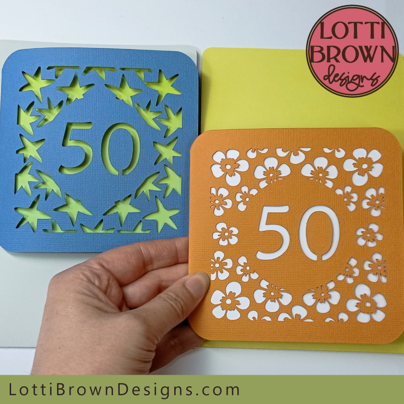 Two lovely 50th birthday card SVG templates for you to make with your Cricut or other cutting machine...