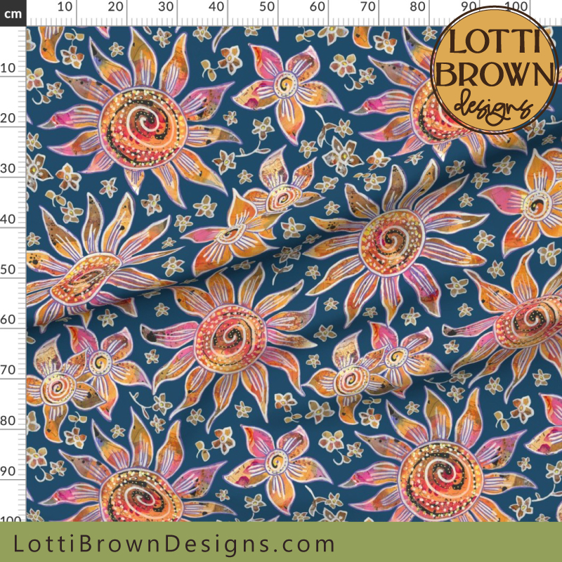 70s boho floral fabric blue