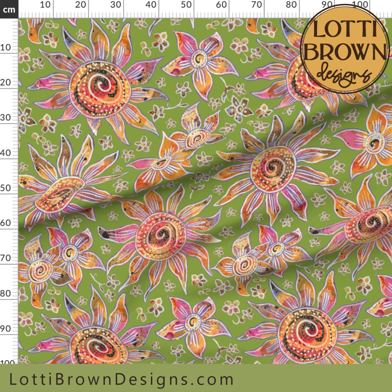 70s boho floral fabric green