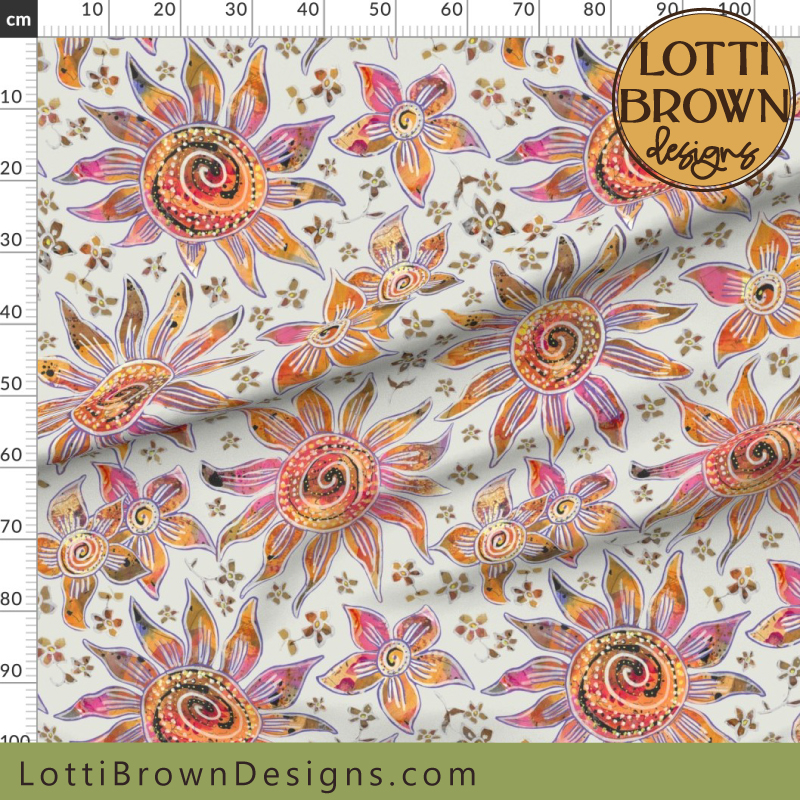 70s boho floral fabric white orange