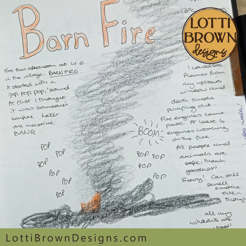 Barn fire nature journal page