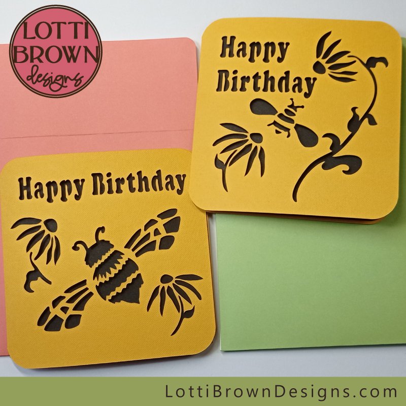 Beautiful bee birthday card SVG templates to make with your Cricut (or similar cutting machine) - 2 designs to choose from, or buy them both...