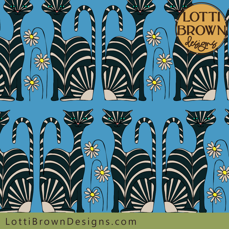 black cat pattern fabric in blue